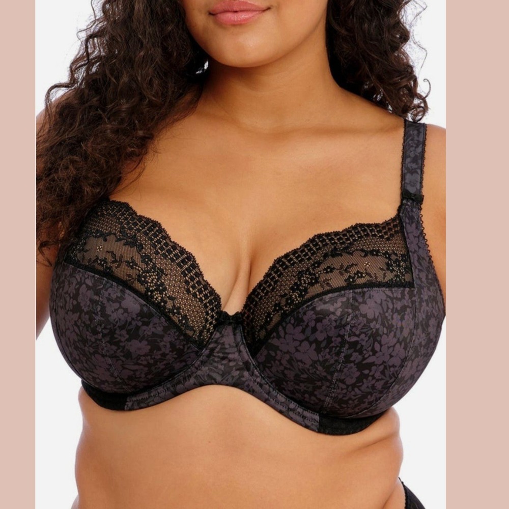 NEW $74 Elomi [ 38L US ] Lucie Full Figure Underwire Plunge Bra Grey Black U1767